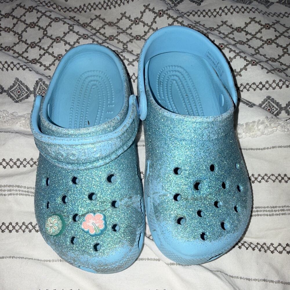 Crocs Classic Blue Glitter Clog Slip-On Lightweight Unisex Kids Size J1